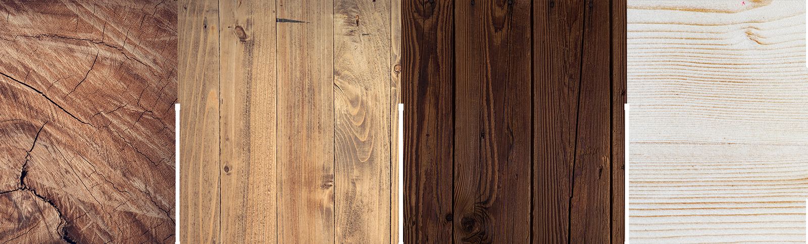 Verschillende houtsoorten naast elkaar, van licht eiken tot donker gerookt hout
